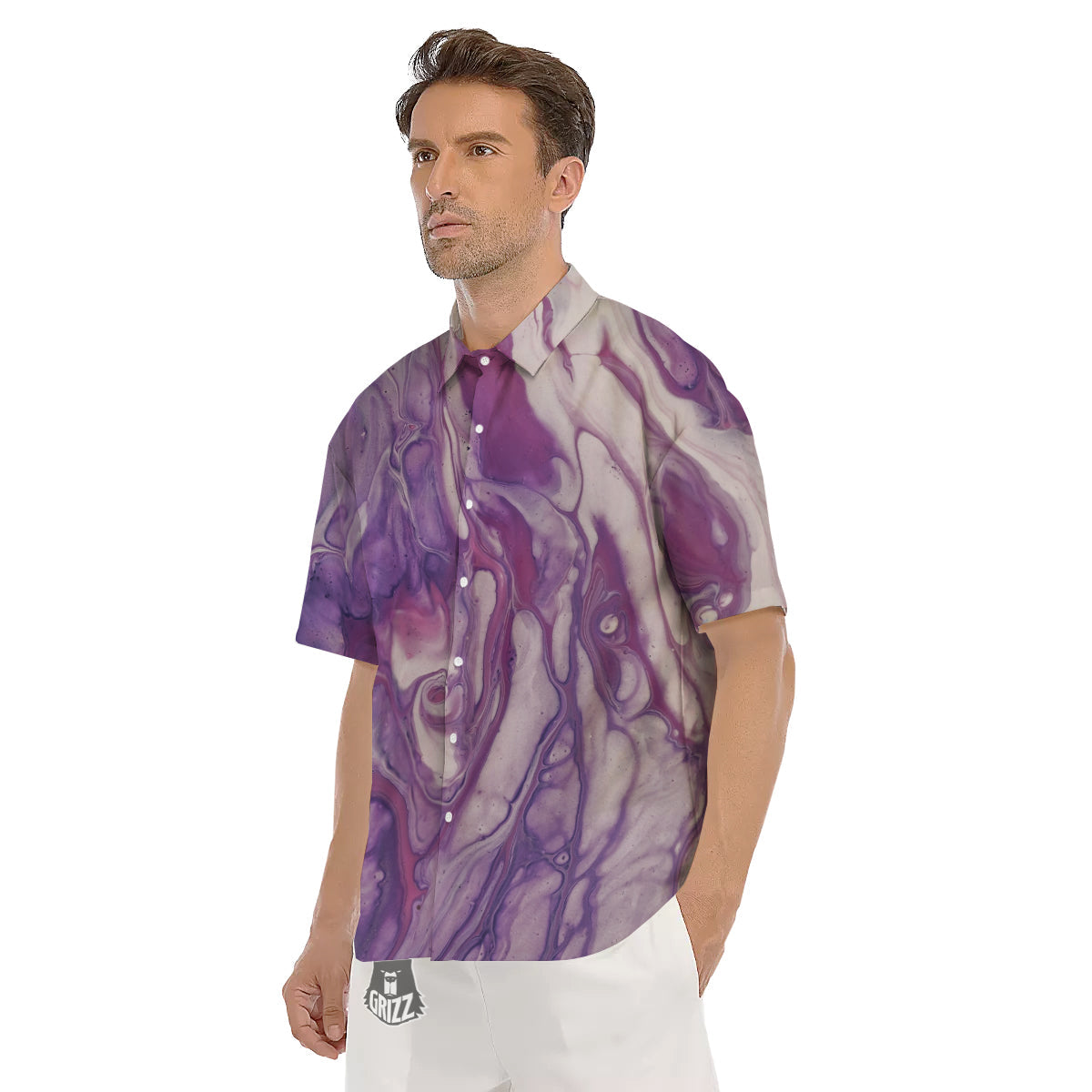 Abstract Purple Liquid Marble Print Men's Short Sleeve Shirts-grizzshop