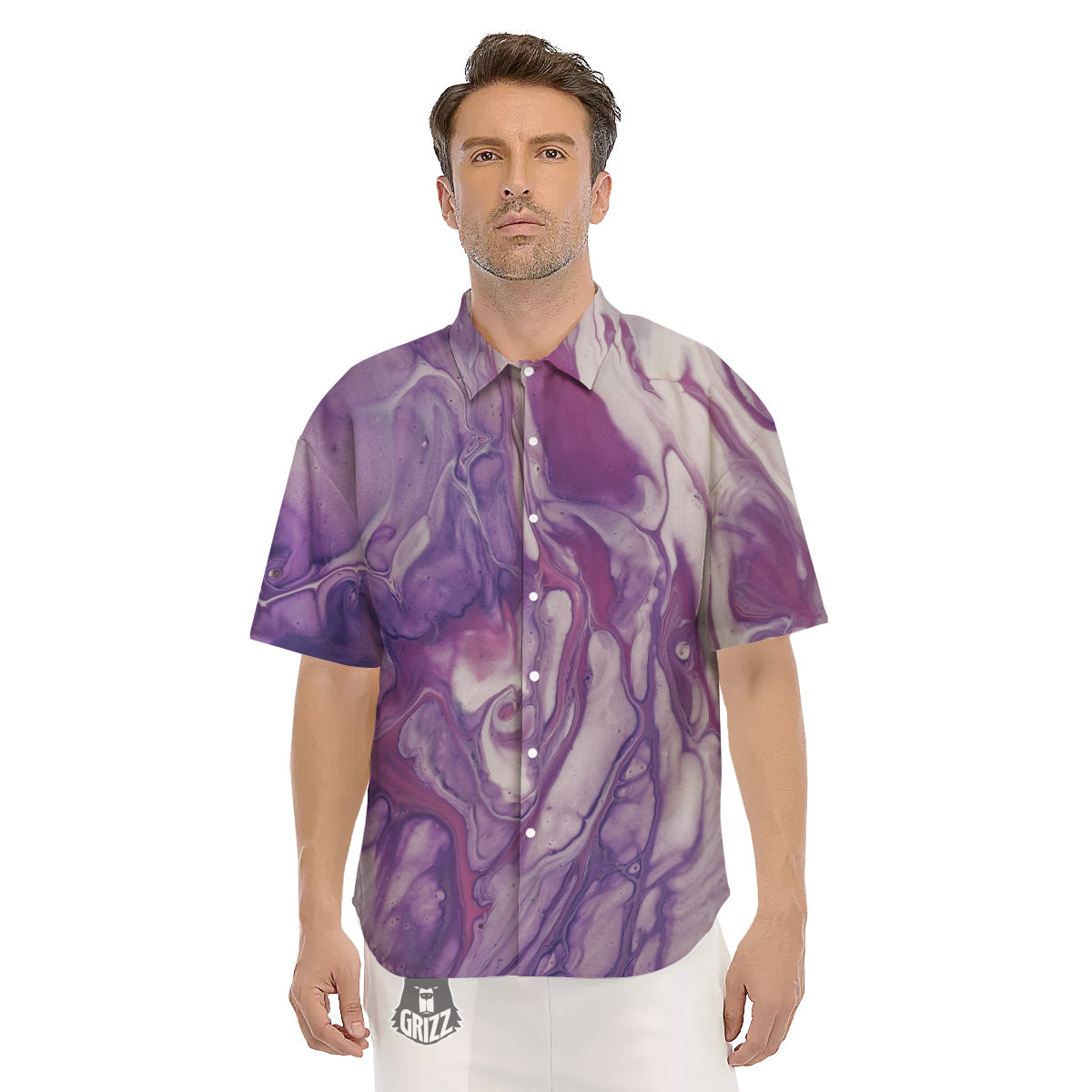 Abstract Purple Liquid Marble Print Men's Short Sleeve Shirts-grizzshop