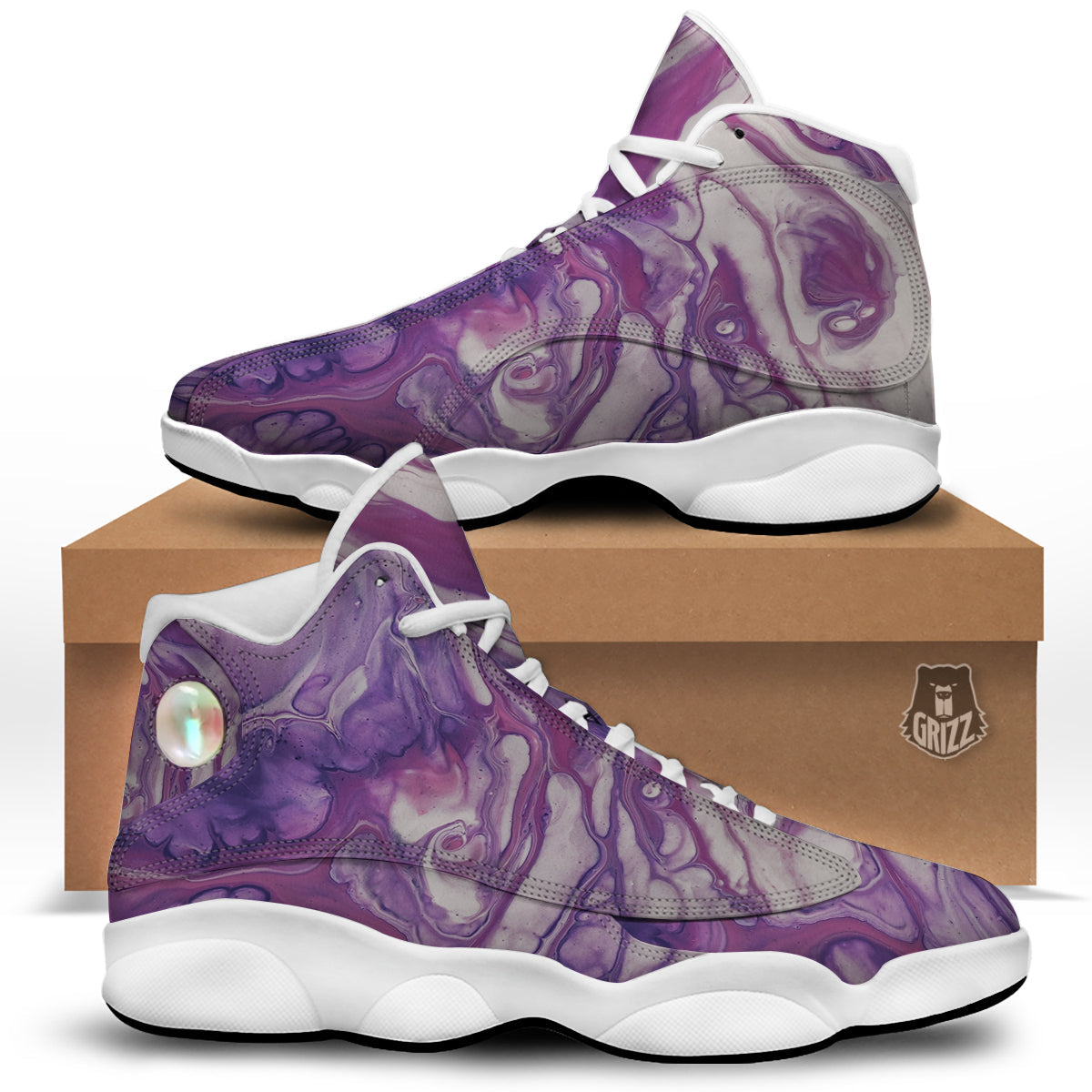 Abstract Purple Liquid Marble Print White Basketball Shoes-grizzshop