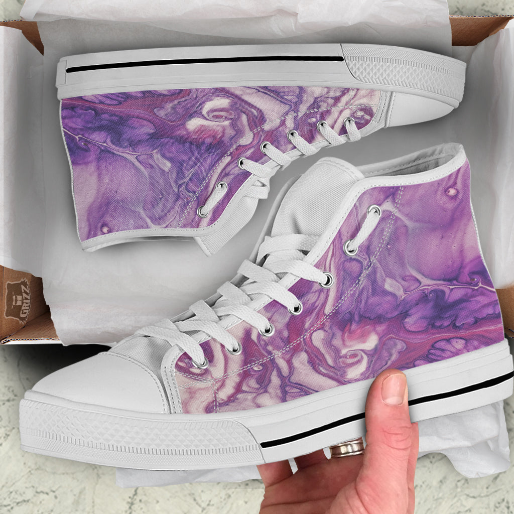 Abstract Purple Liquid Marble Print White High Top Shoes-grizzshop