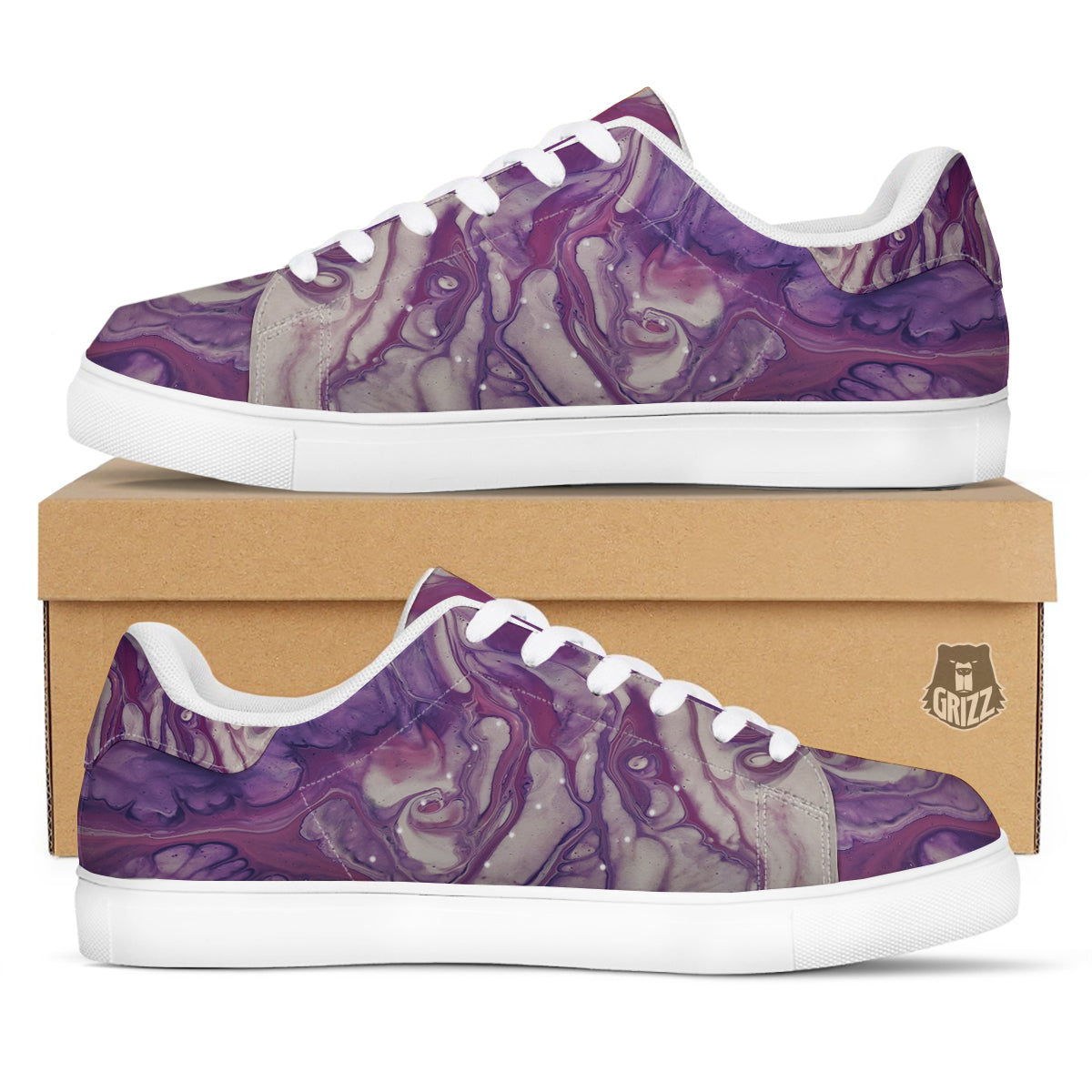 Abstract Purple Liquid Marble Print White Low Top Sneakers-grizzshop