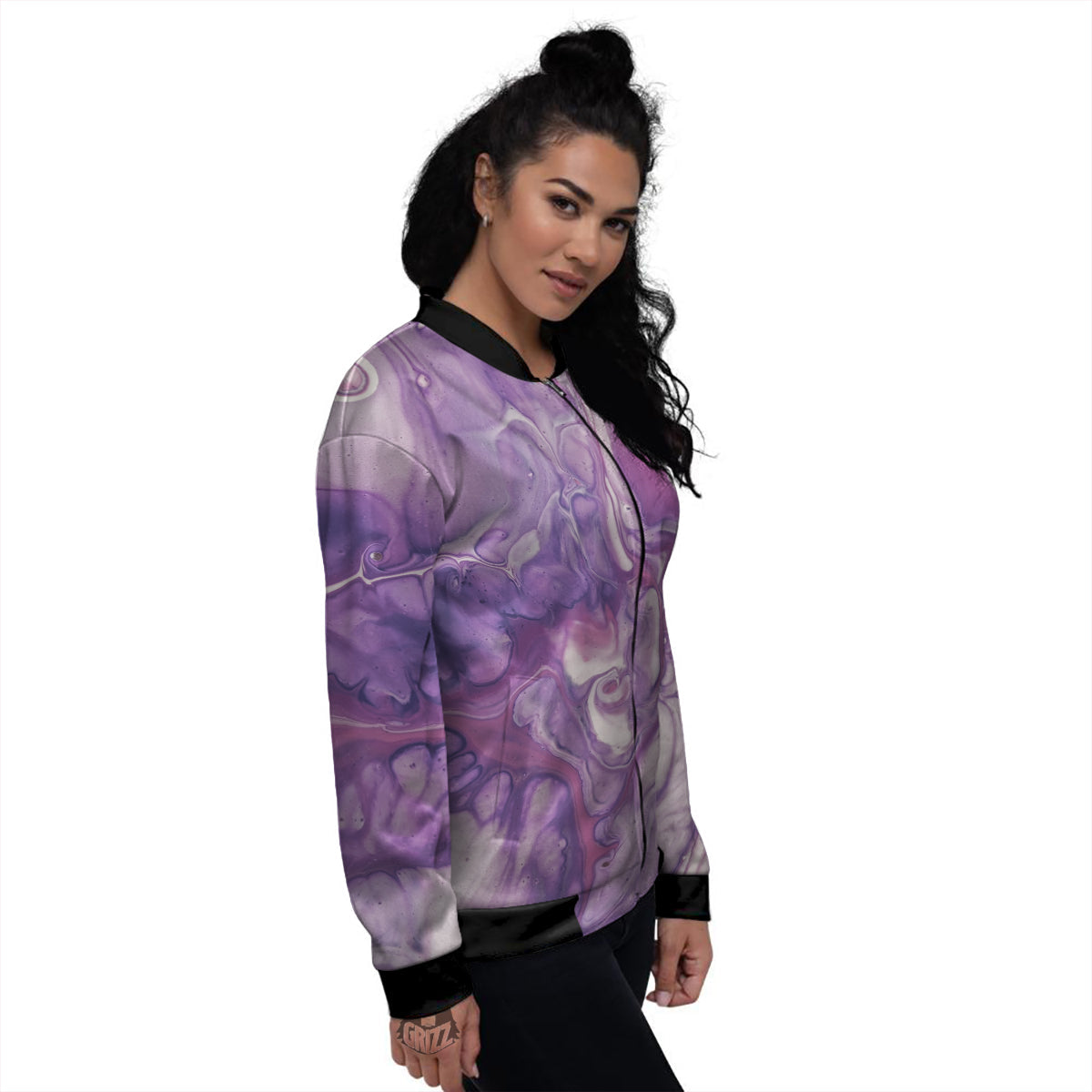 Abstract Purple Liquid Marble Print Women's Bomber Jacket-grizzshop