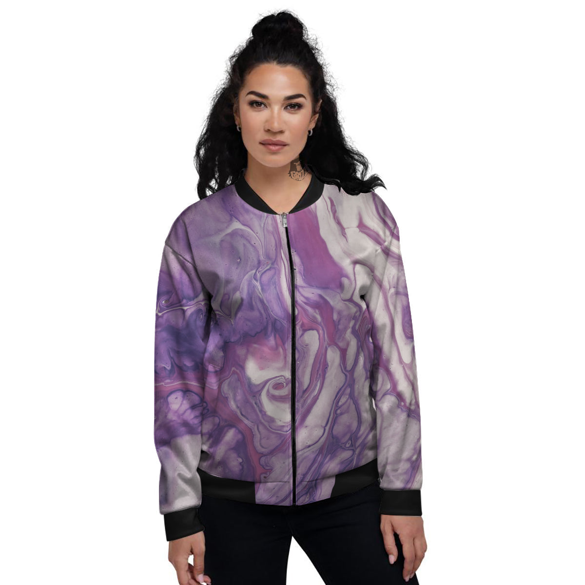 Abstract Purple Liquid Marble Print Women's Bomber Jacket-grizzshop