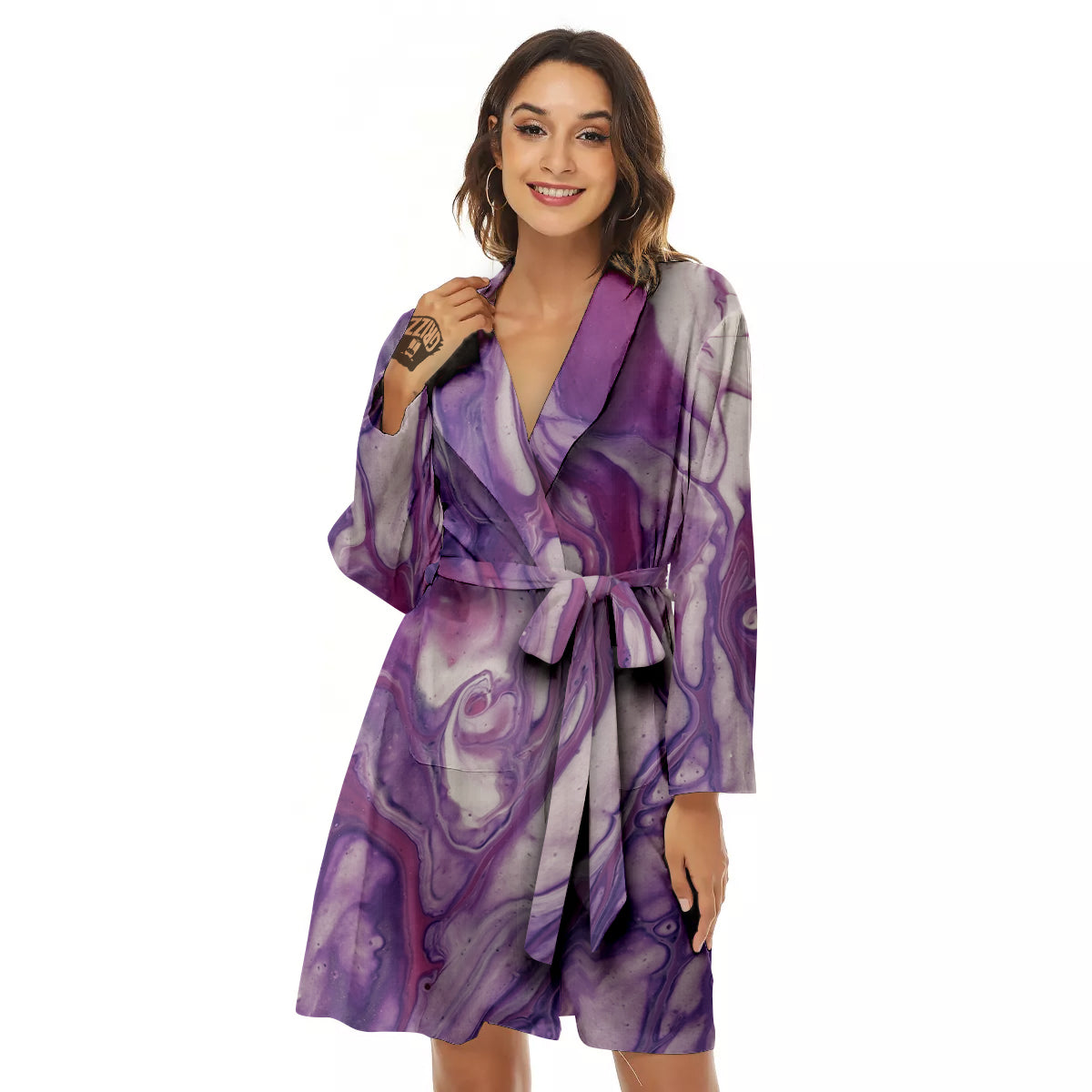 Abstract Purple Liquid Marble Print Women's Robe-grizzshop