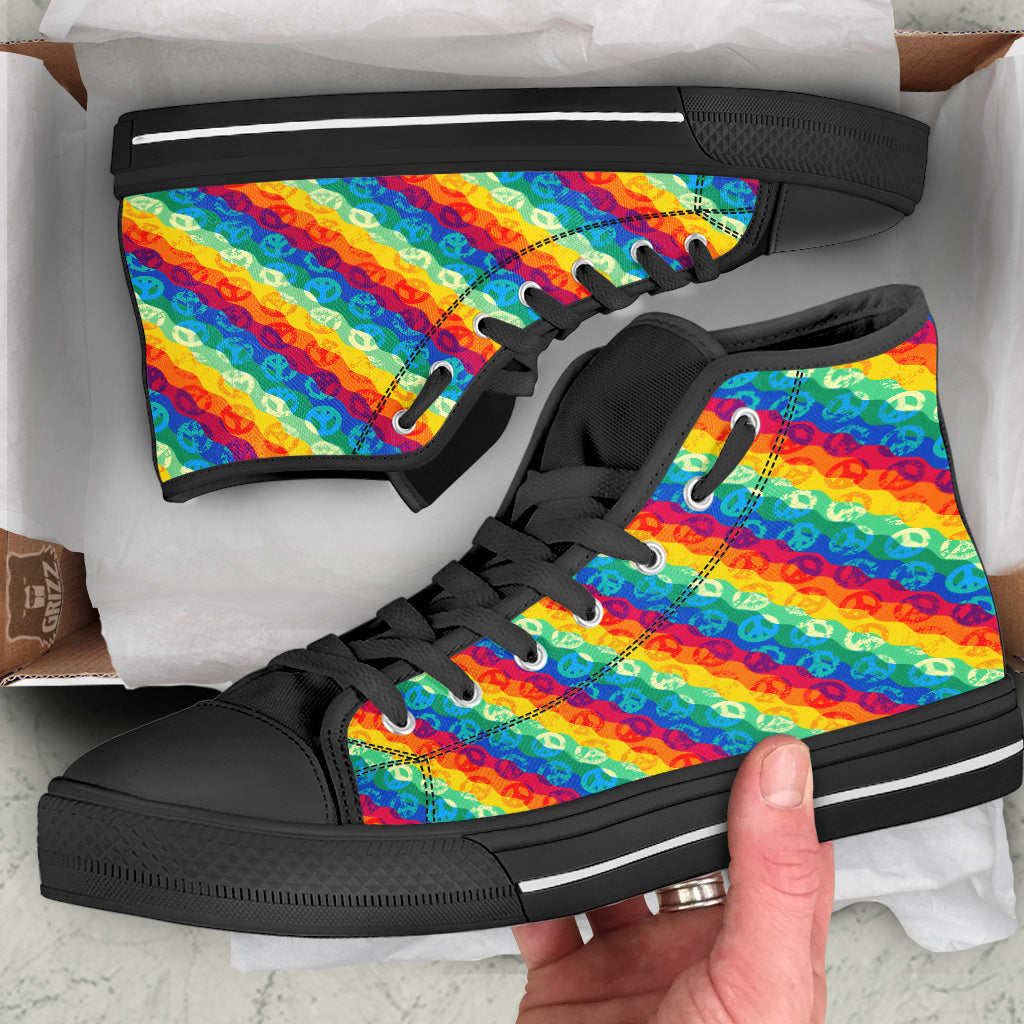 Abstract Rainbow Peace Signs And LGBT Print Pattern Black High Top Shoes-grizzshop
