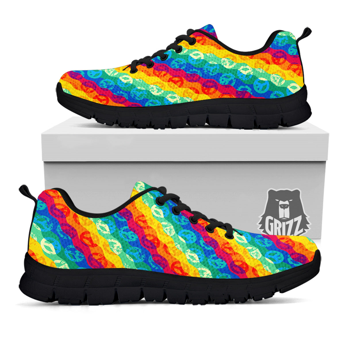 Abstract Rainbow Peace Signs And LGBT Print Pattern Black Sneaker-grizzshop