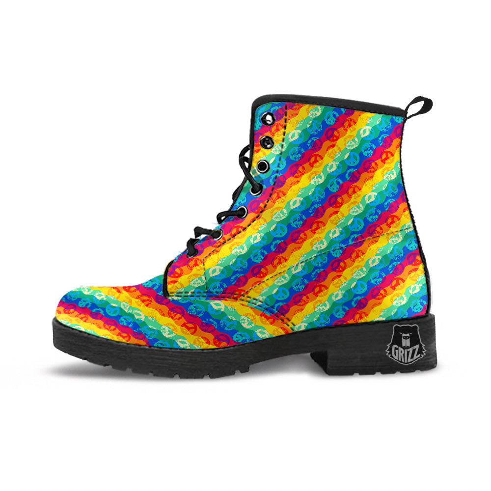 Abstract Rainbow Peace Signs And LGBT Print Pattern Leather Boots-grizzshop