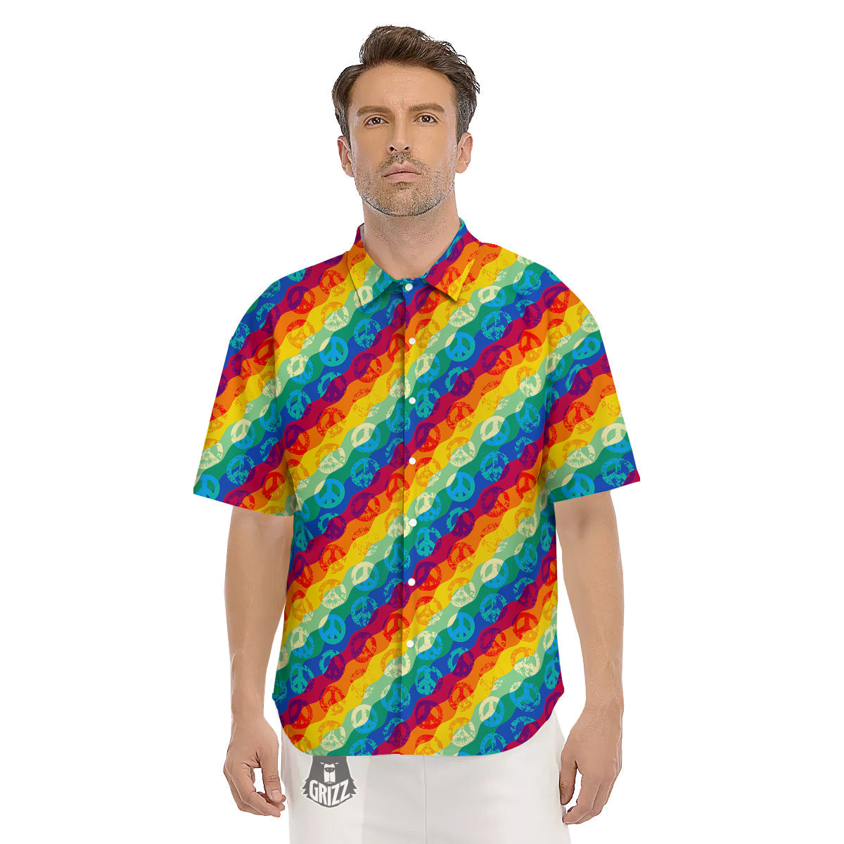 Abstract Rainbow Peace Signs And LGBT Print Pattern Men's Short Sleeve Shirts-grizzshop