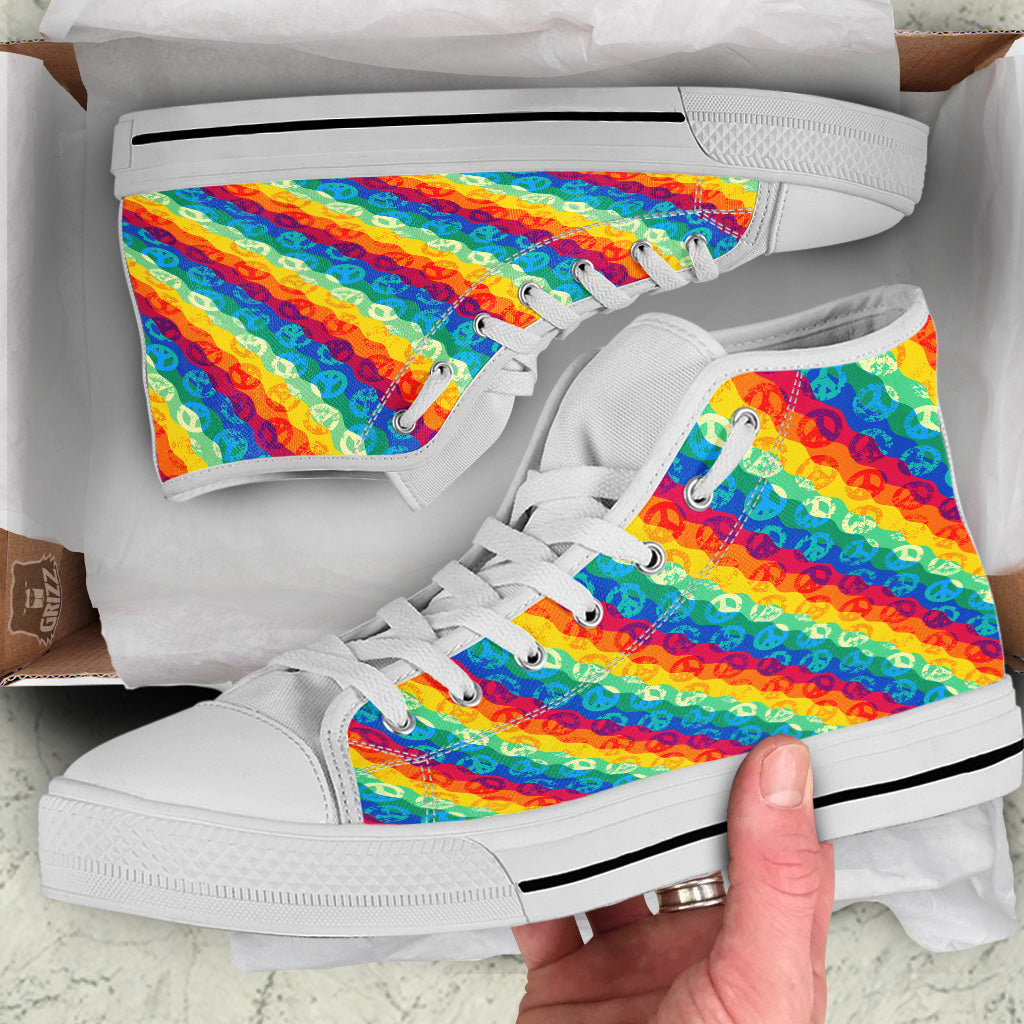 Abstract Rainbow Peace Signs And LGBT Print Pattern White High Top Shoes-grizzshop