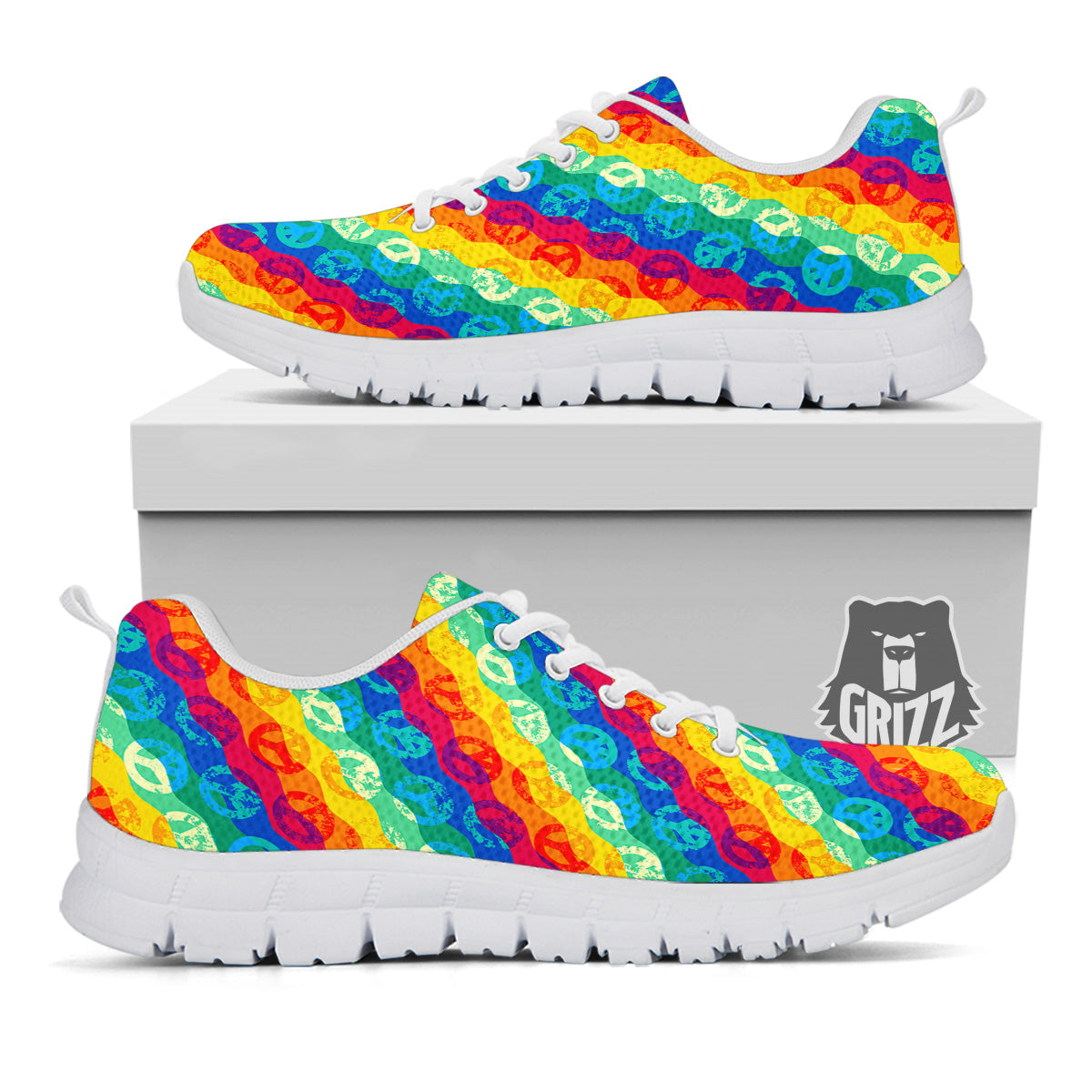 Abstract Rainbow Peace Signs And LGBT Print Pattern White Sneaker-grizzshop