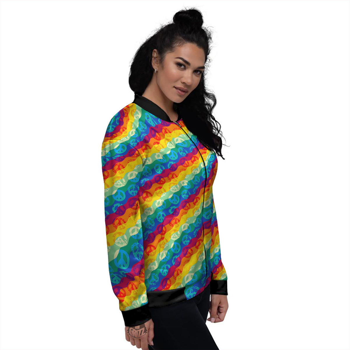 Abstract Rainbow Peace Signs And LGBT Print Pattern Women's Bomber Jacket-grizzshop