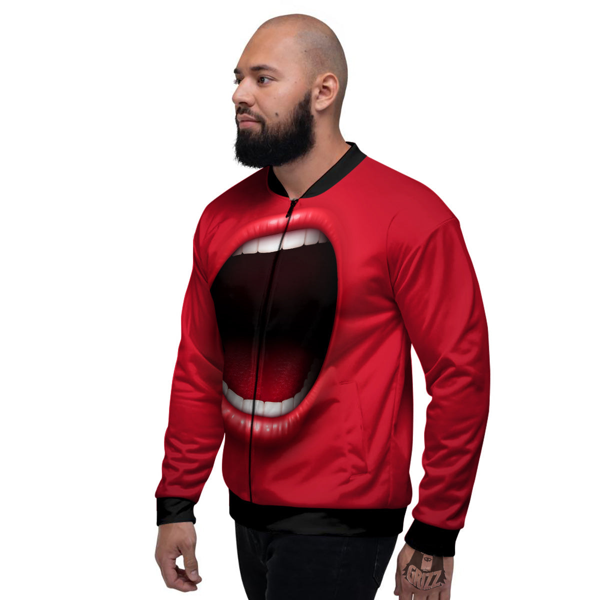 Abstract Scream Red Mouth Print Men's Bomber Jacket-grizzshop