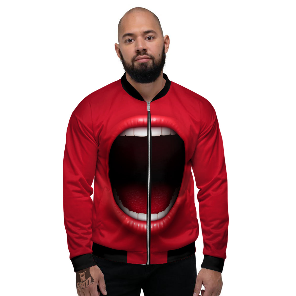 Abstract Scream Red Mouth Print Men's Bomber Jacket-grizzshop
