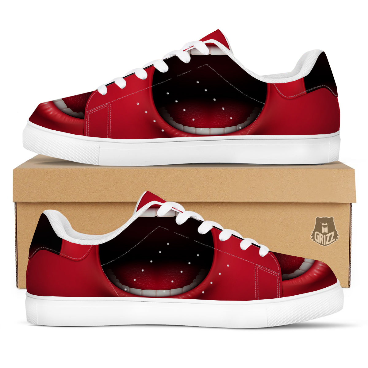 Abstract Scream Red Mouth Print White Low Top Sneakers-grizzshop