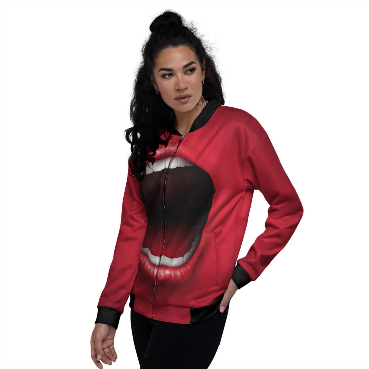 Abstract Scream Red Mouth Print Women's Bomber Jacket-grizzshop