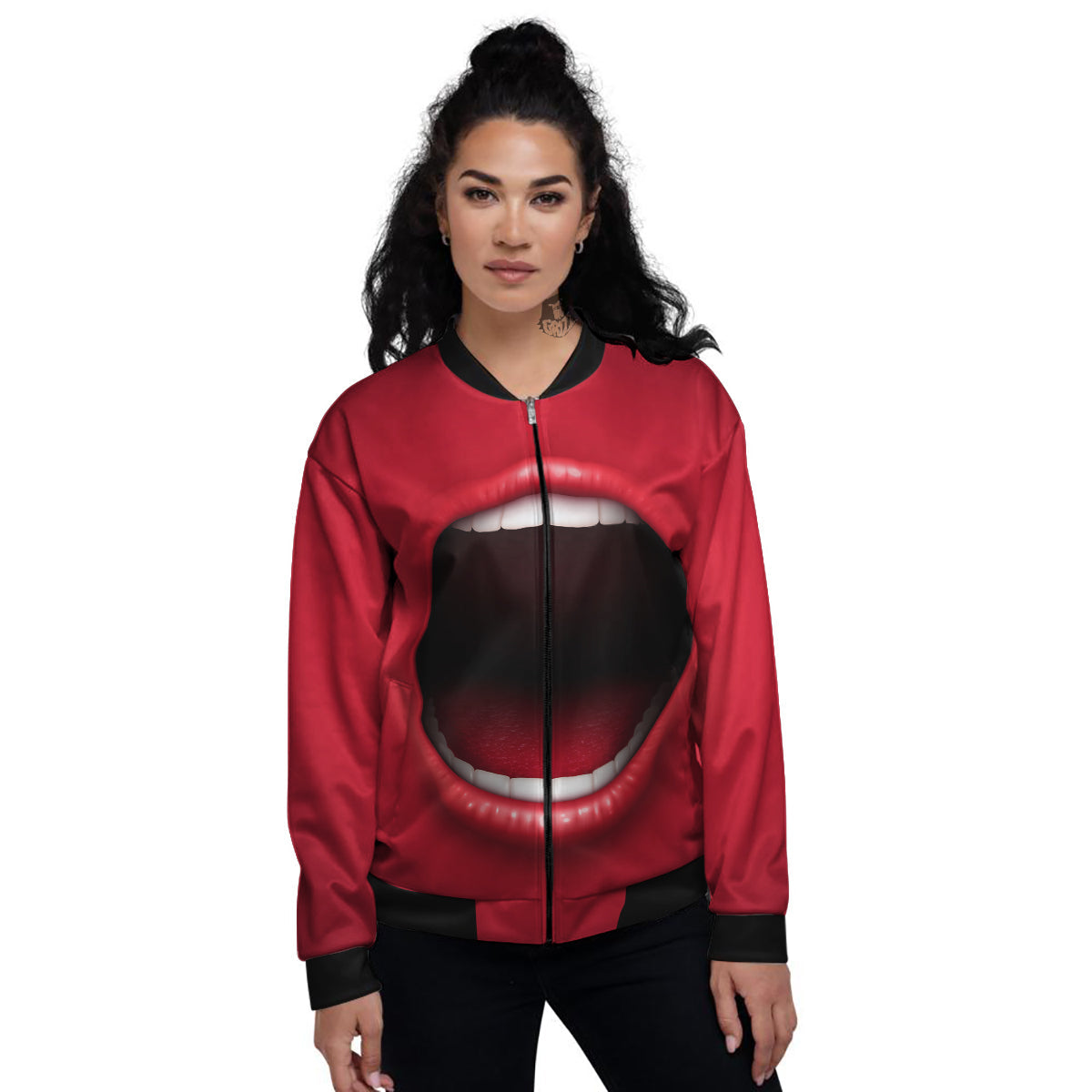 Abstract Scream Red Mouth Print Women's Bomber Jacket-grizzshop