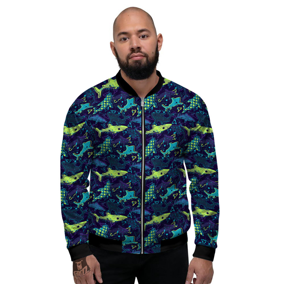 Abstract Shark Print Pattern Men's Bomber Jacket-grizzshop