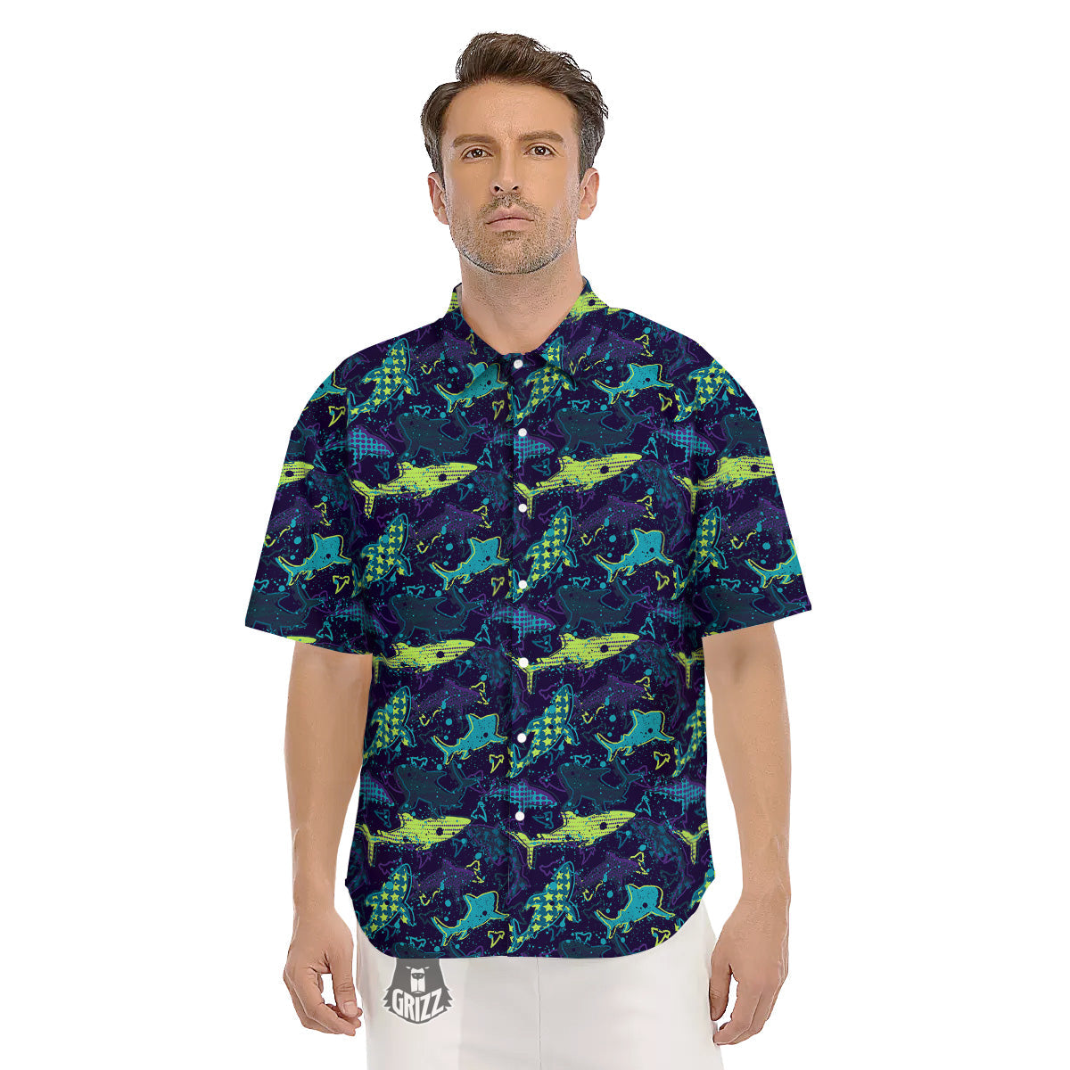 Abstract Shark Print Pattern Men's Short Sleeve Shirts-grizzshop