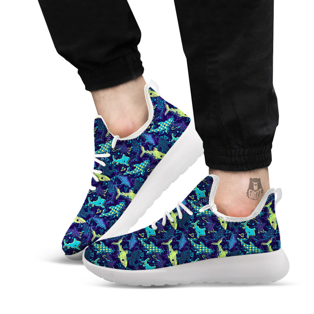 Abstract Shark Print Pattern White Athletic Shoes-grizzshop