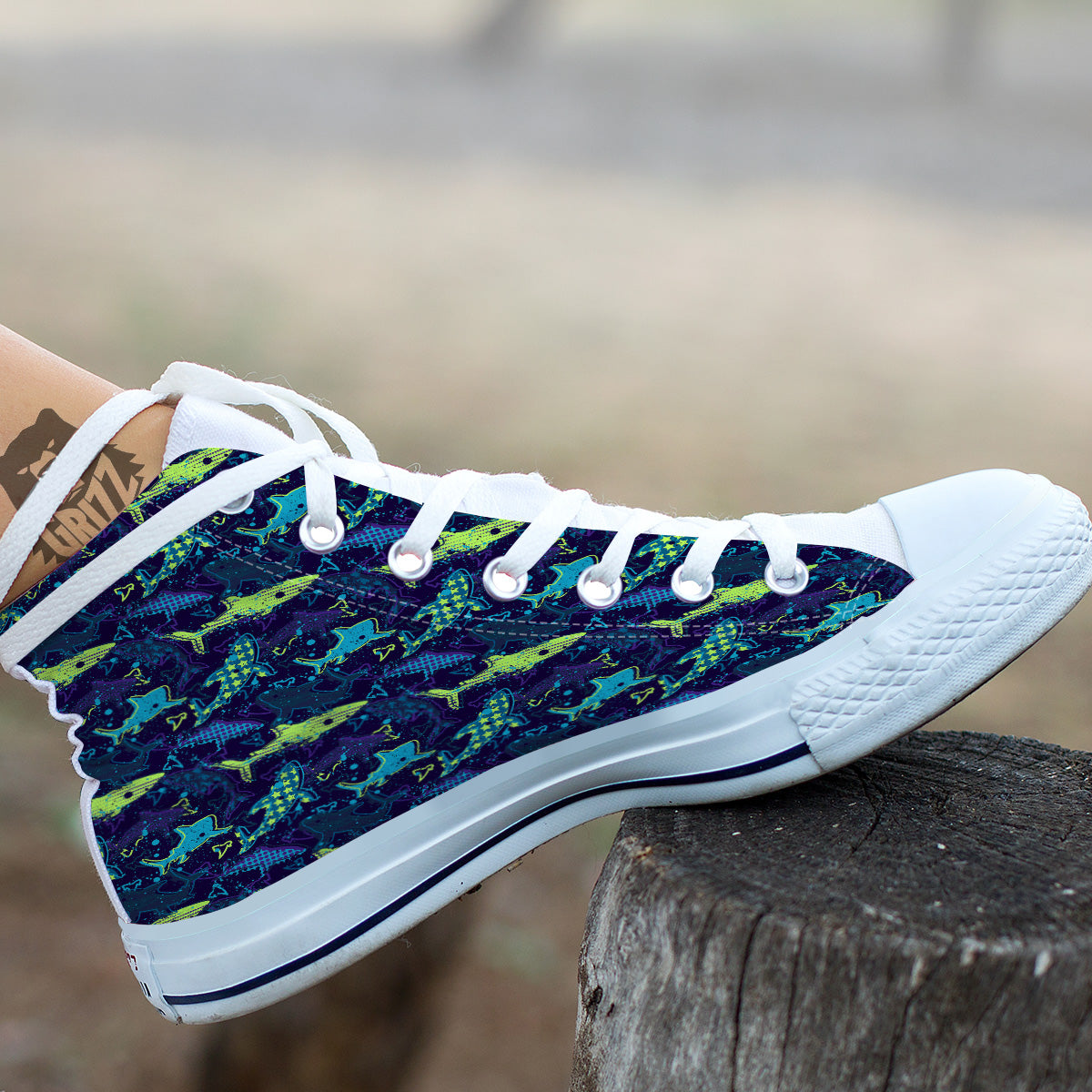 Abstract Shark Print Pattern White High Top Shoes-grizzshop