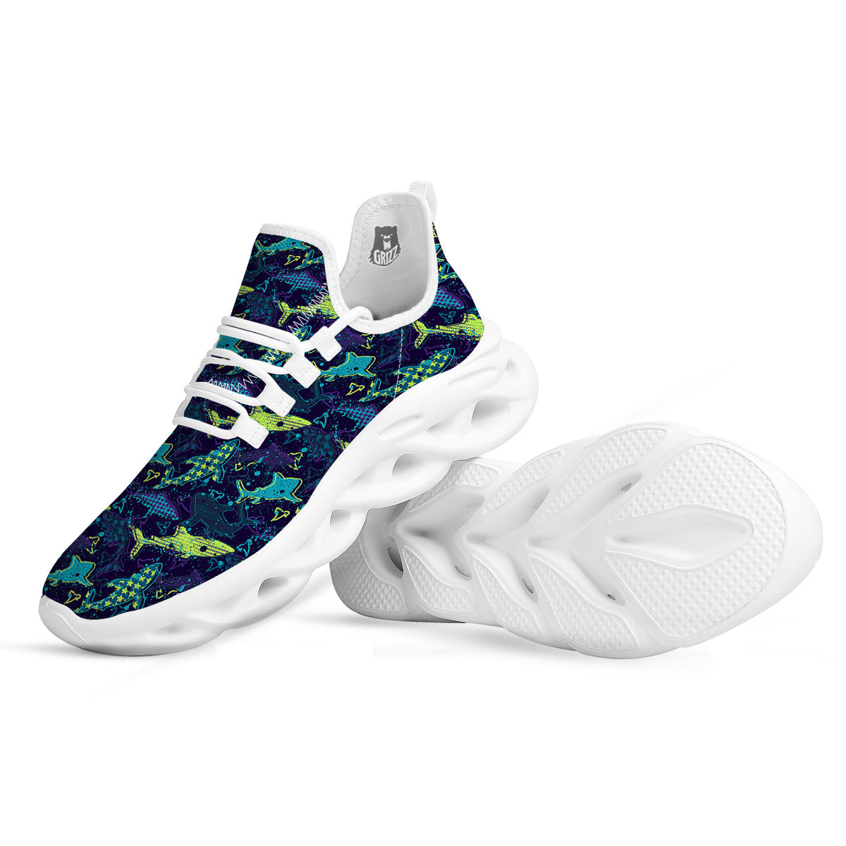 Abstract Shark Print Pattern White Running Shoes-grizzshop