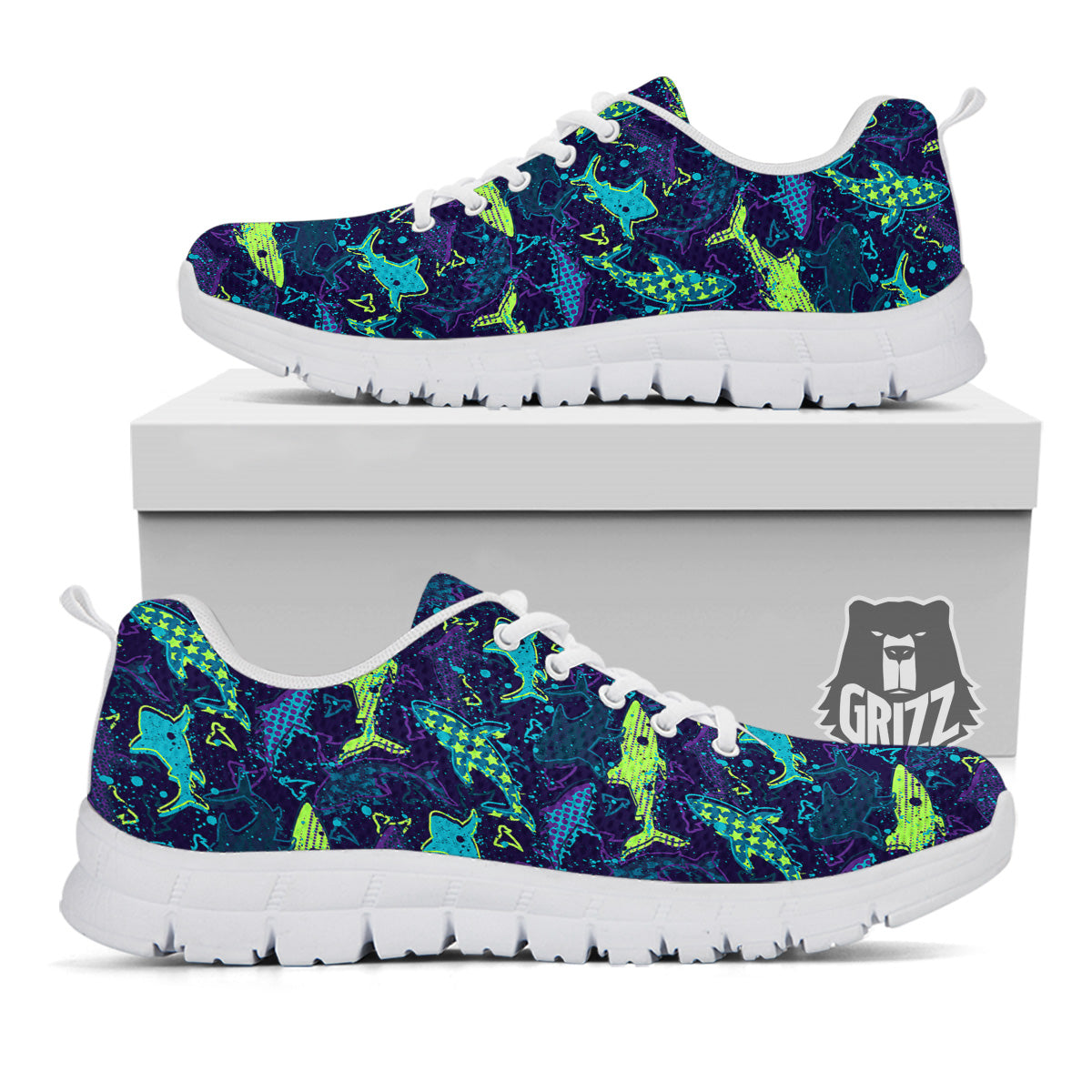 Abstract Shark Print Pattern White Sneaker-grizzshop
