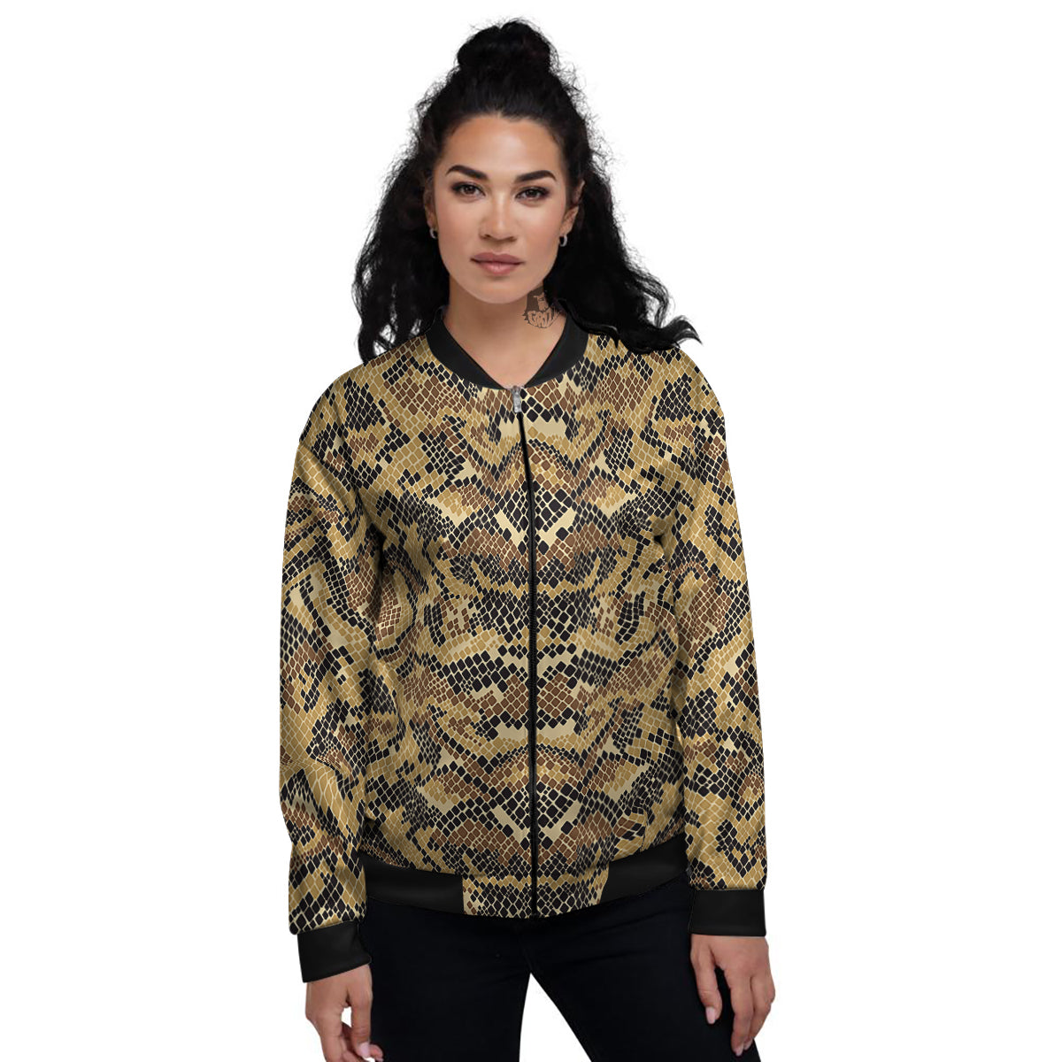 Abstract Snake Skin Print Women's Bomber Jacket-grizzshop