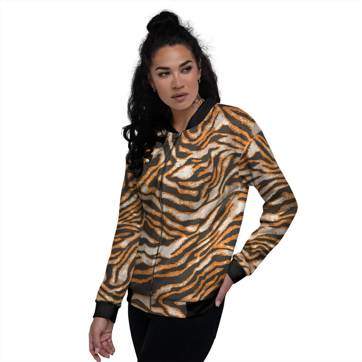 Abstract Tiger Skin Grunge Print Women's Bomber Jacket-grizzshop