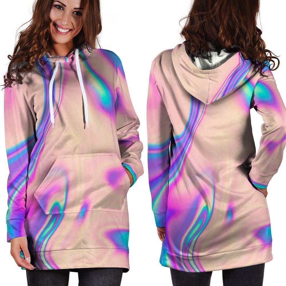 Abstract Trippy Holographic Hoodie Dress-grizzshop