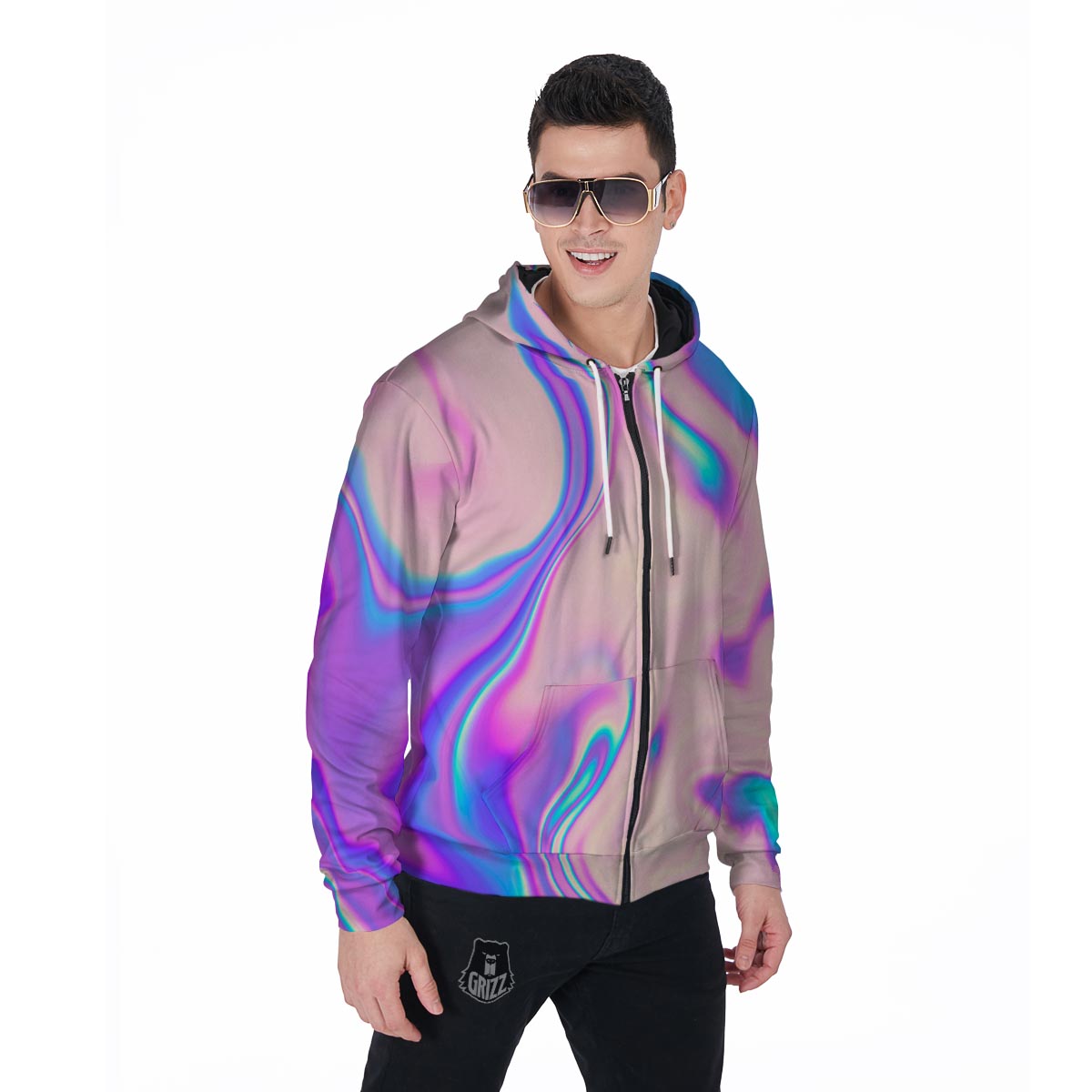 Abstract Trippy Holographic Men's Zip Up Hoodie-grizzshop