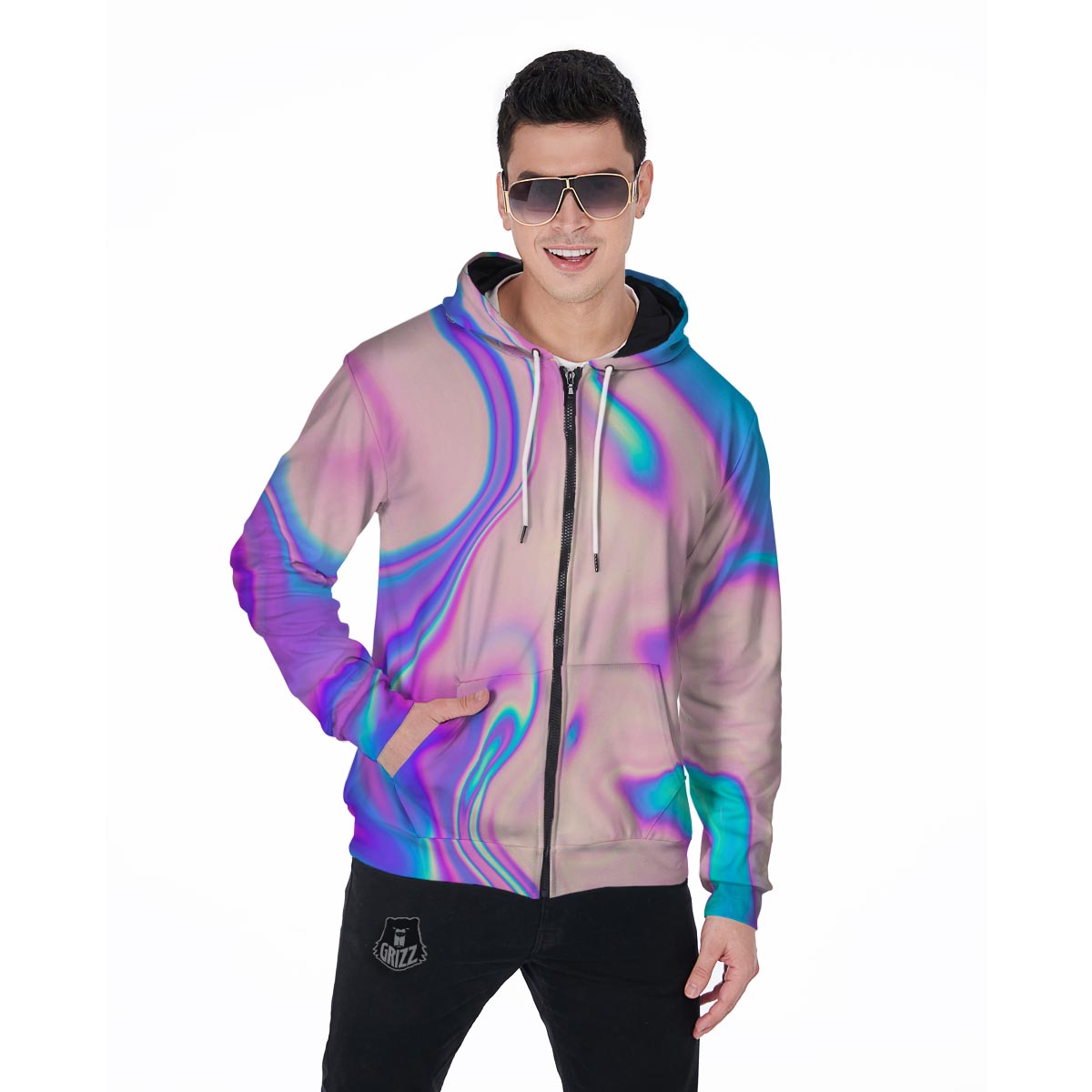 Abstract Trippy Holographic Men's Zip Up Hoodie-grizzshop