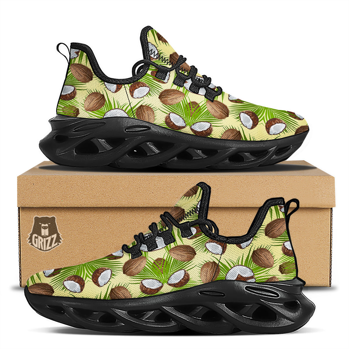 Abstract Tropical Coconut Print Pattern Black Running Shoes-grizzshop