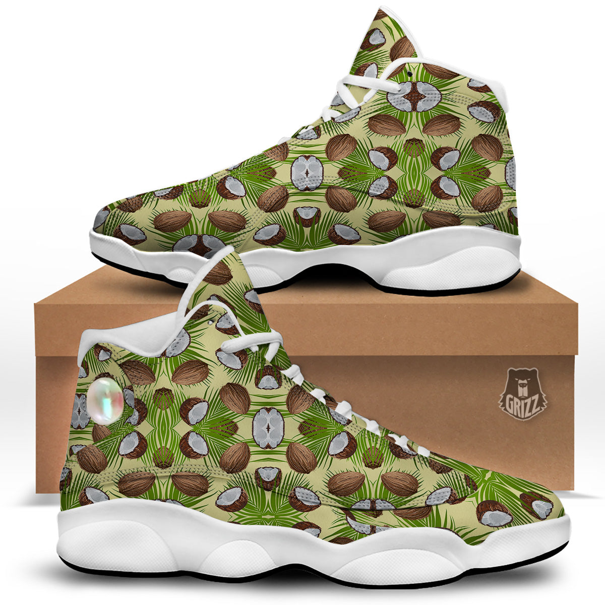 Abstract Tropical Coconut Print Pattern White Basketball Shoes-grizzshop