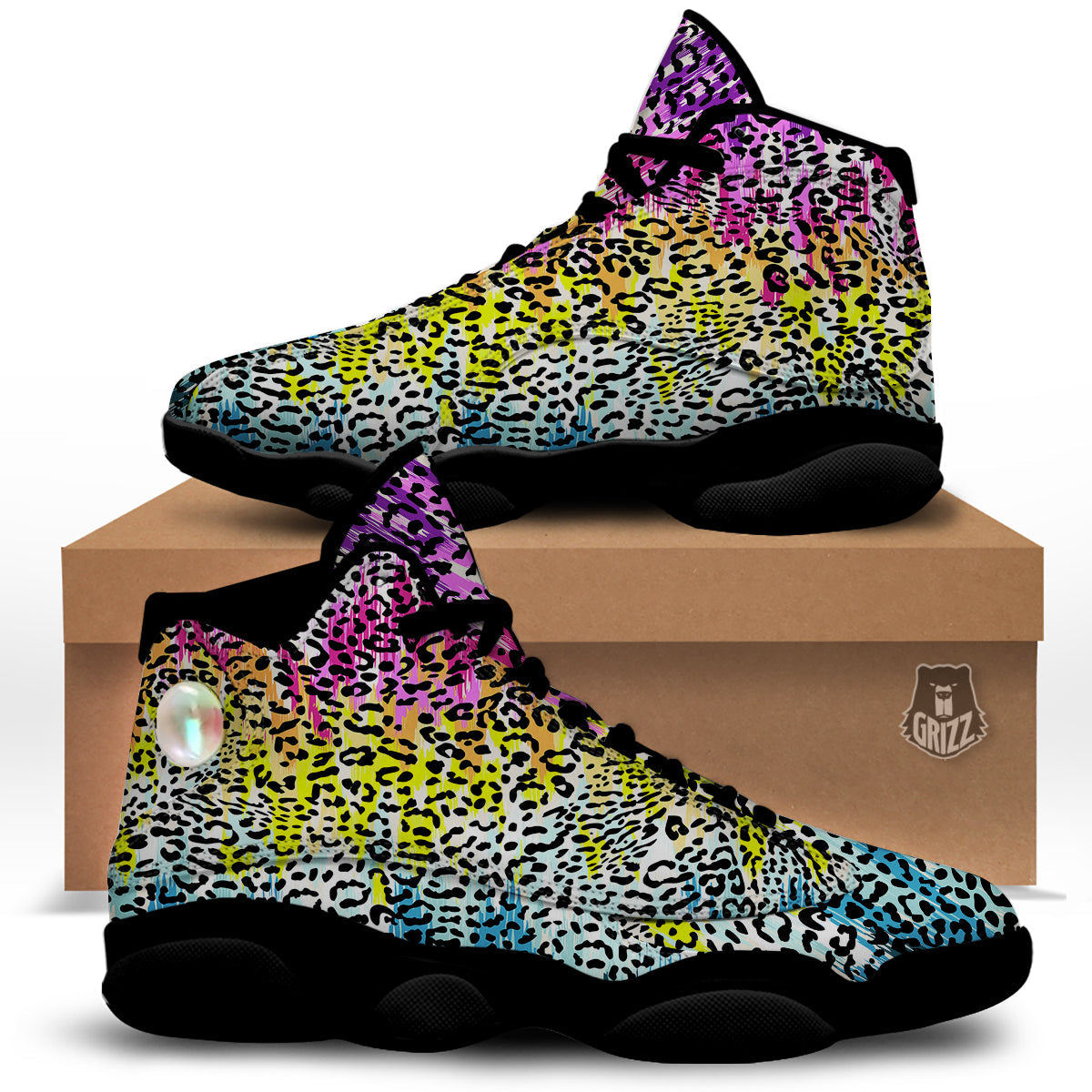 Abstract Vintage Colorful Leopard Print Black Basketball Shoes-grizzshop