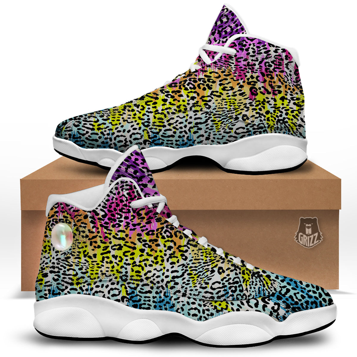 Abstract Vintage Colorful Leopard Print White Basketball Shoes-grizzshop