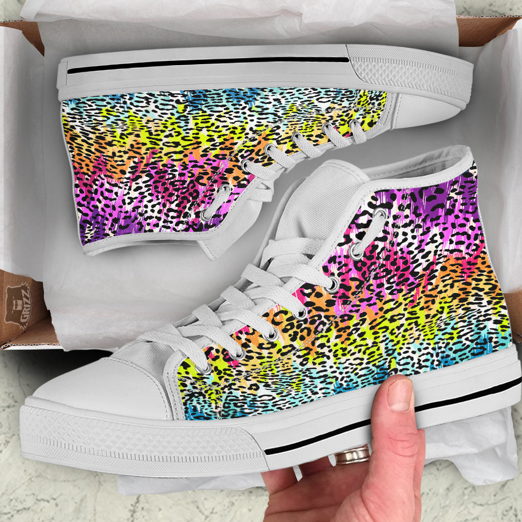 Abstract Vintage Colorful Leopard Print White High Top Shoes-grizzshop