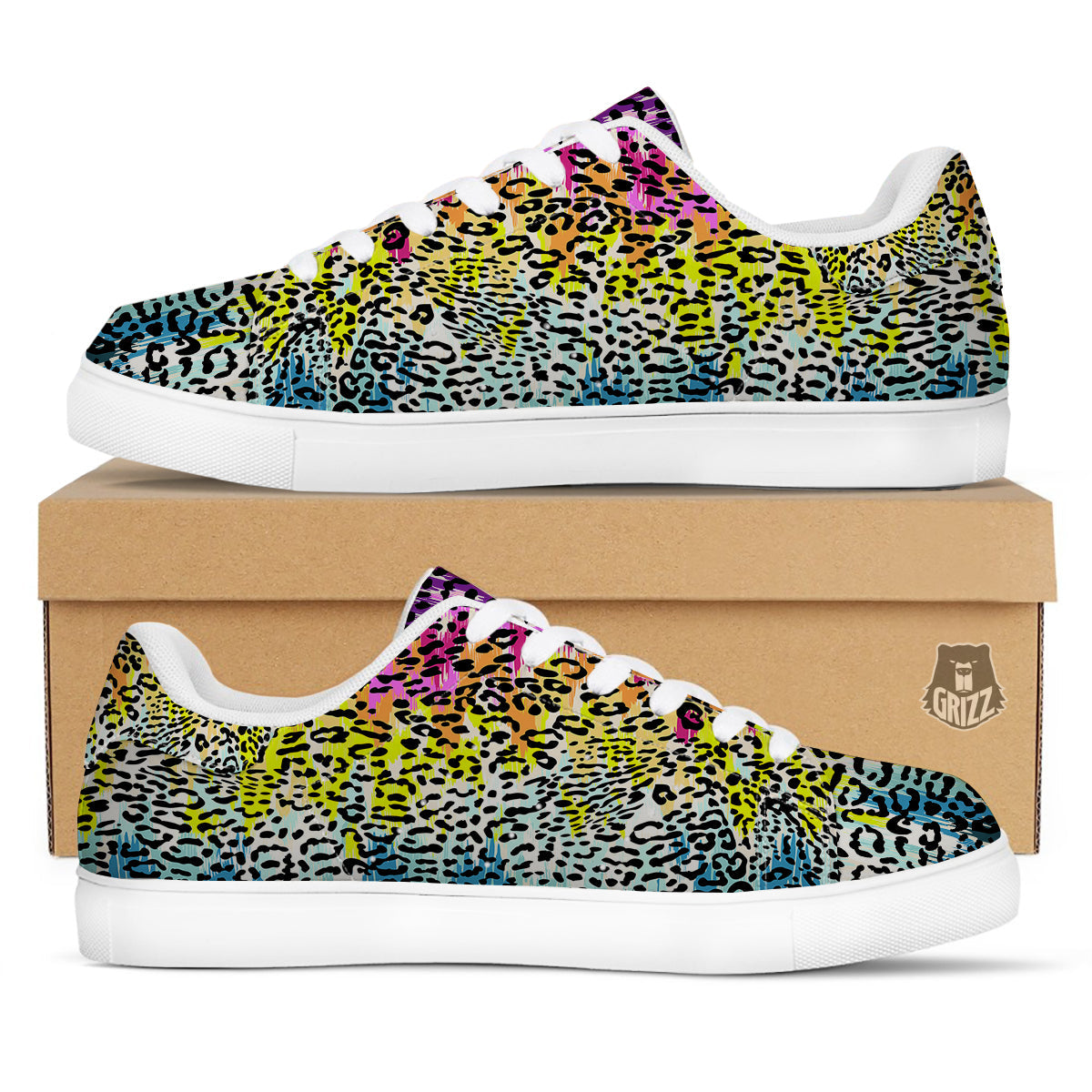 Abstract Vintage Colorful Leopard Print White Low Top Sneakers-grizzshop