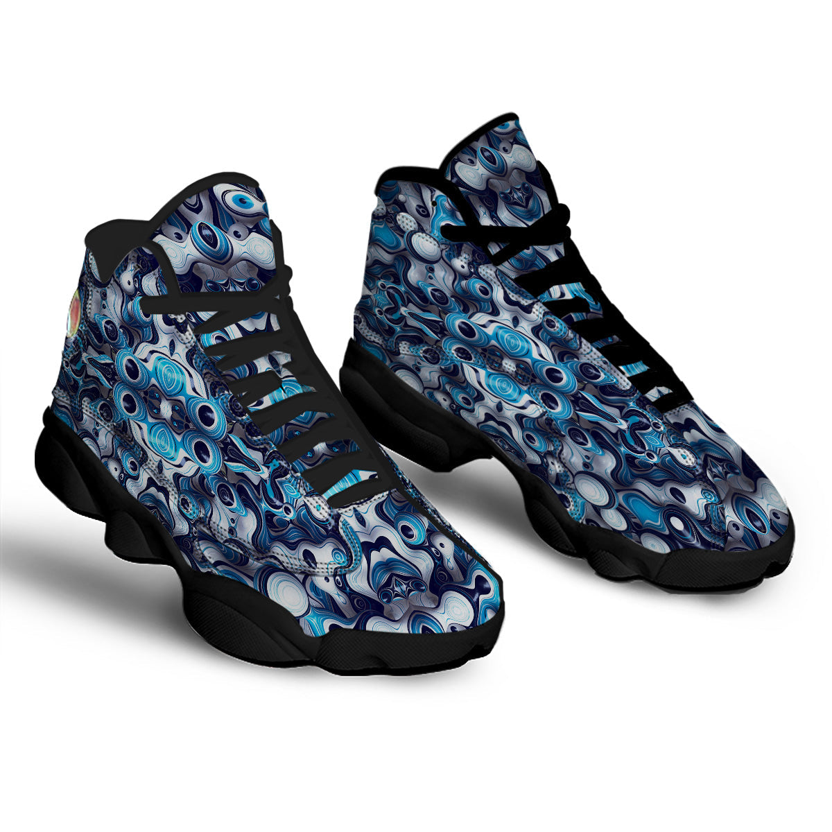 Abstract Wavy Bubbles Blue White Print Pattern Black Basketball Shoes-grizzshop