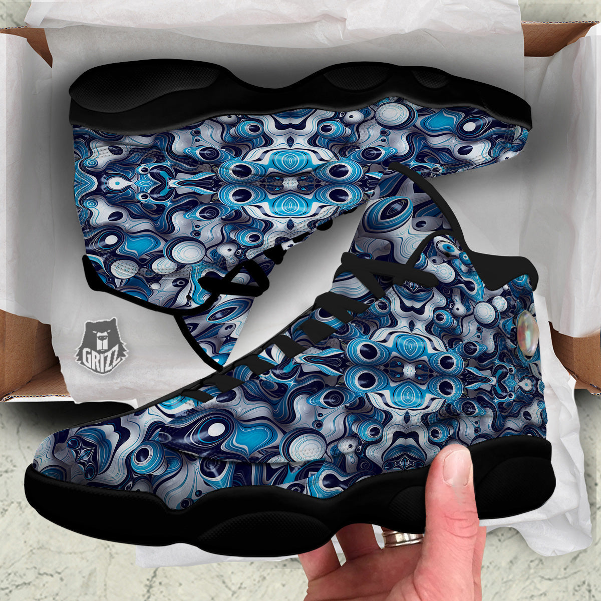Abstract Wavy Bubbles Blue White Print Pattern Black Basketball Shoes-grizzshop