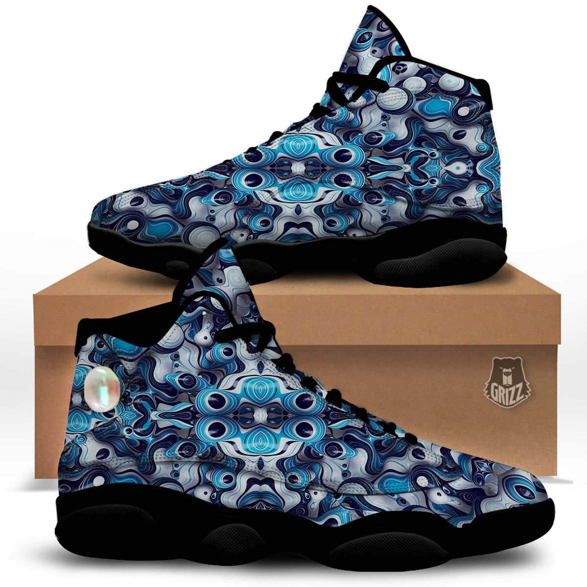 Abstract Wavy Bubbles Blue White Print Pattern Black Basketball Shoes-grizzshop