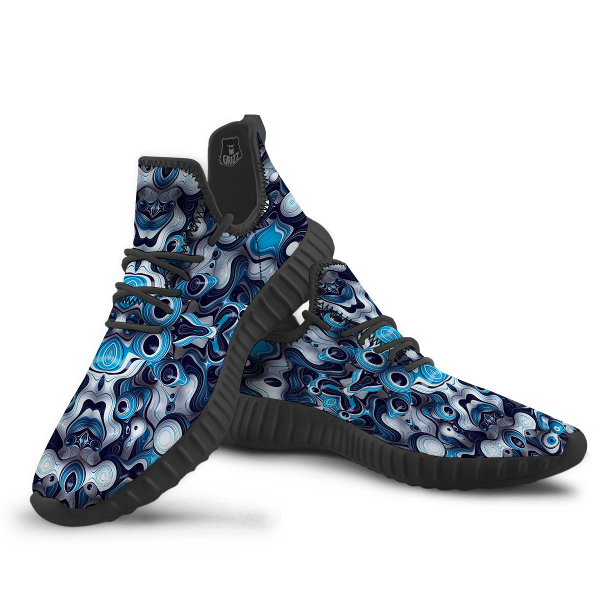 Abstract Wavy Bubbles Blue White Print Pattern Black Walking Shoes-grizzshop