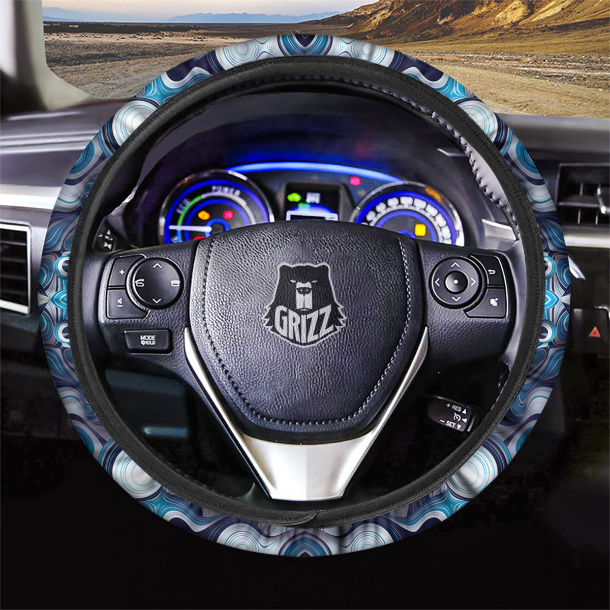 Abstract Wavy Bubbles Blue White Print Pattern Car Steering Wheel Cover-grizzshop