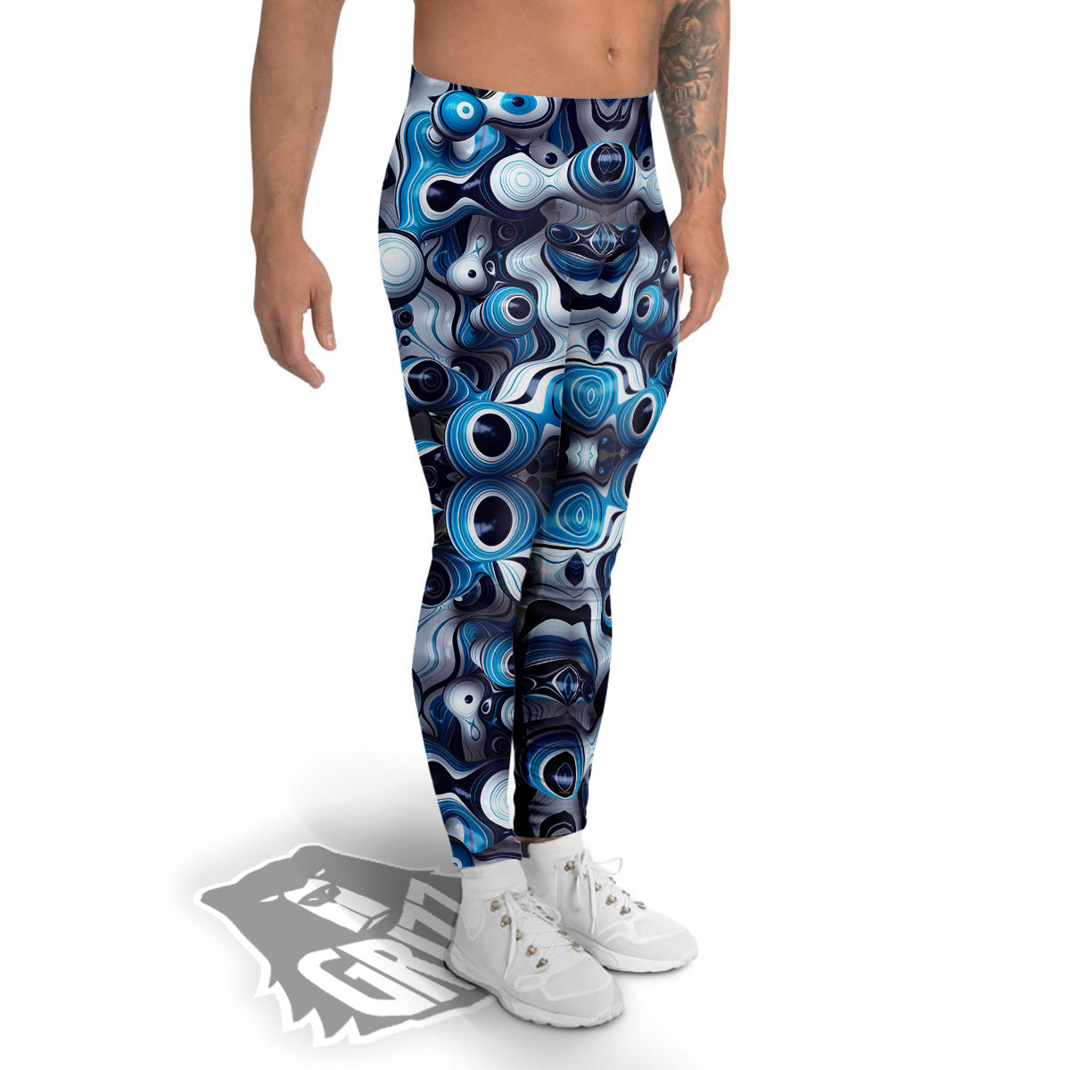 Abstract Wavy Bubbles Blue White Print Pattern Men's Leggings-grizzshop