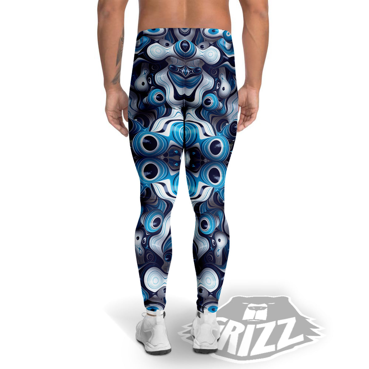 Abstract Wavy Bubbles Blue White Print Pattern Men's Leggings-grizzshop