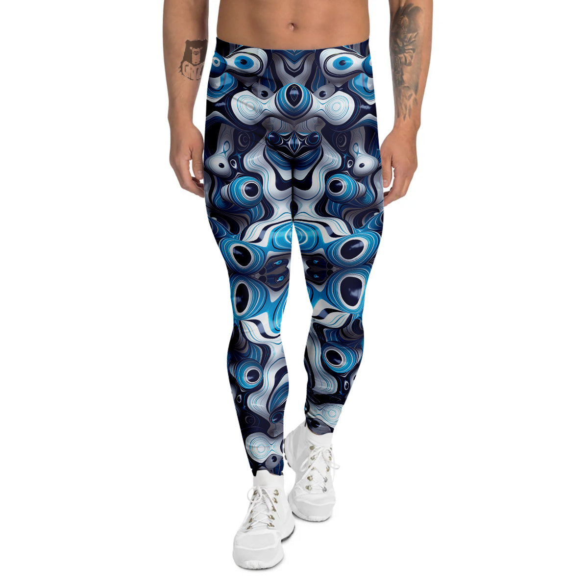 Abstract Wavy Bubbles Blue White Print Pattern Men's Leggings-grizzshop