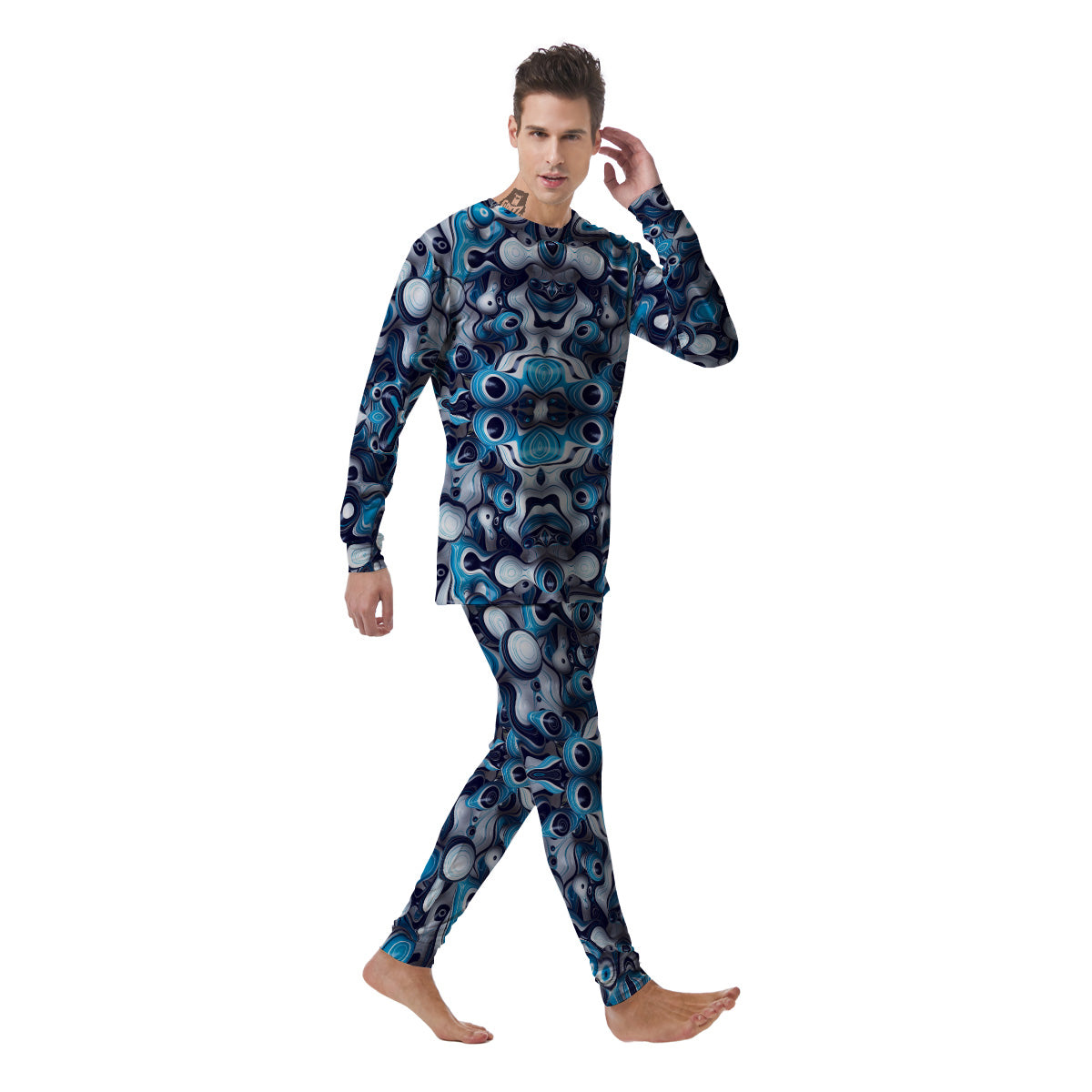 Abstract Wavy Bubbles Blue White Print Pattern Men's Pajamas-grizzshop