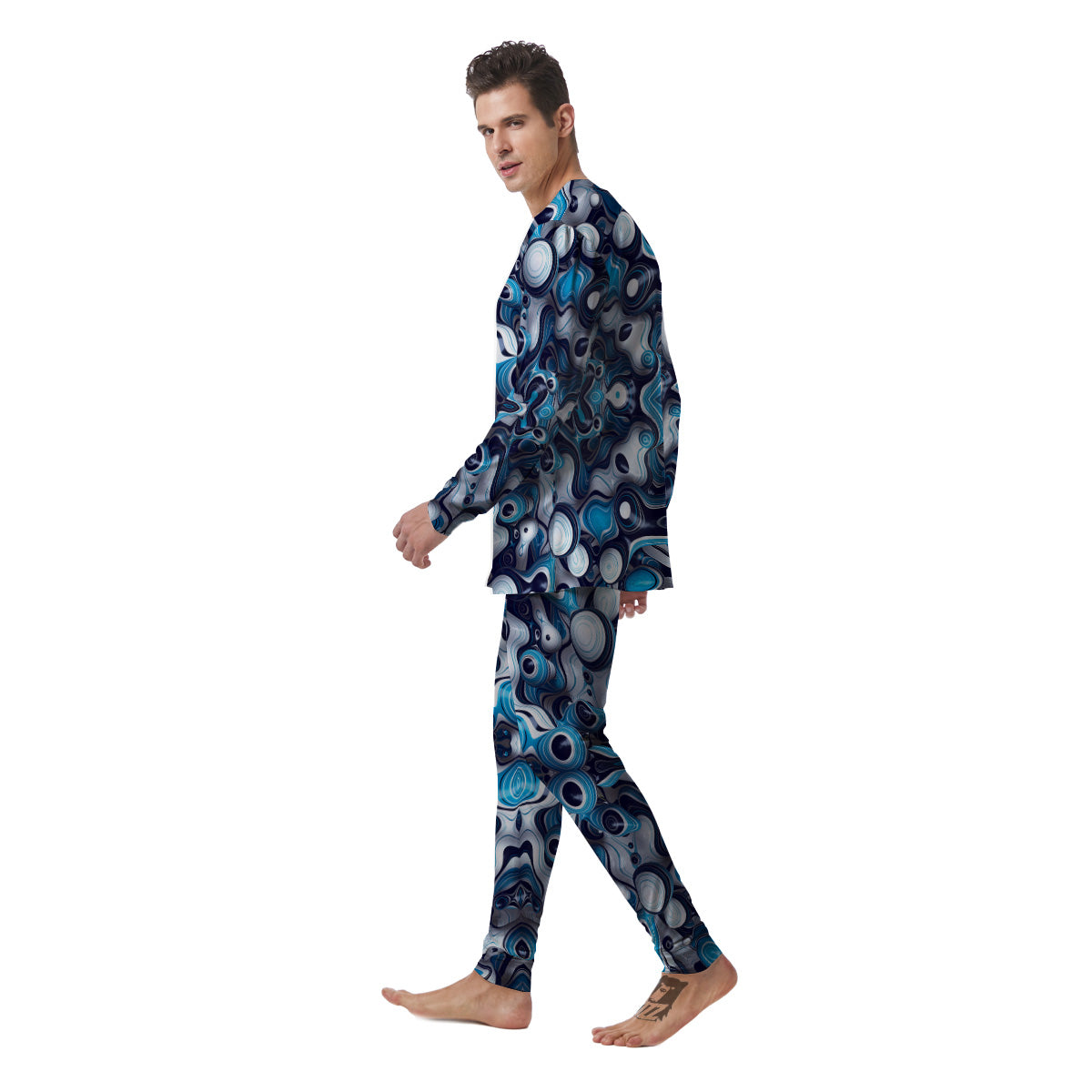 Abstract Wavy Bubbles Blue White Print Pattern Men's Pajamas-grizzshop