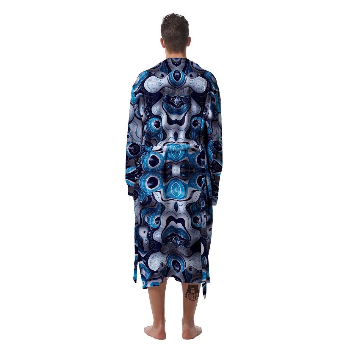 Abstract Wavy Bubbles Blue White Print Pattern Men's Robe-grizzshop