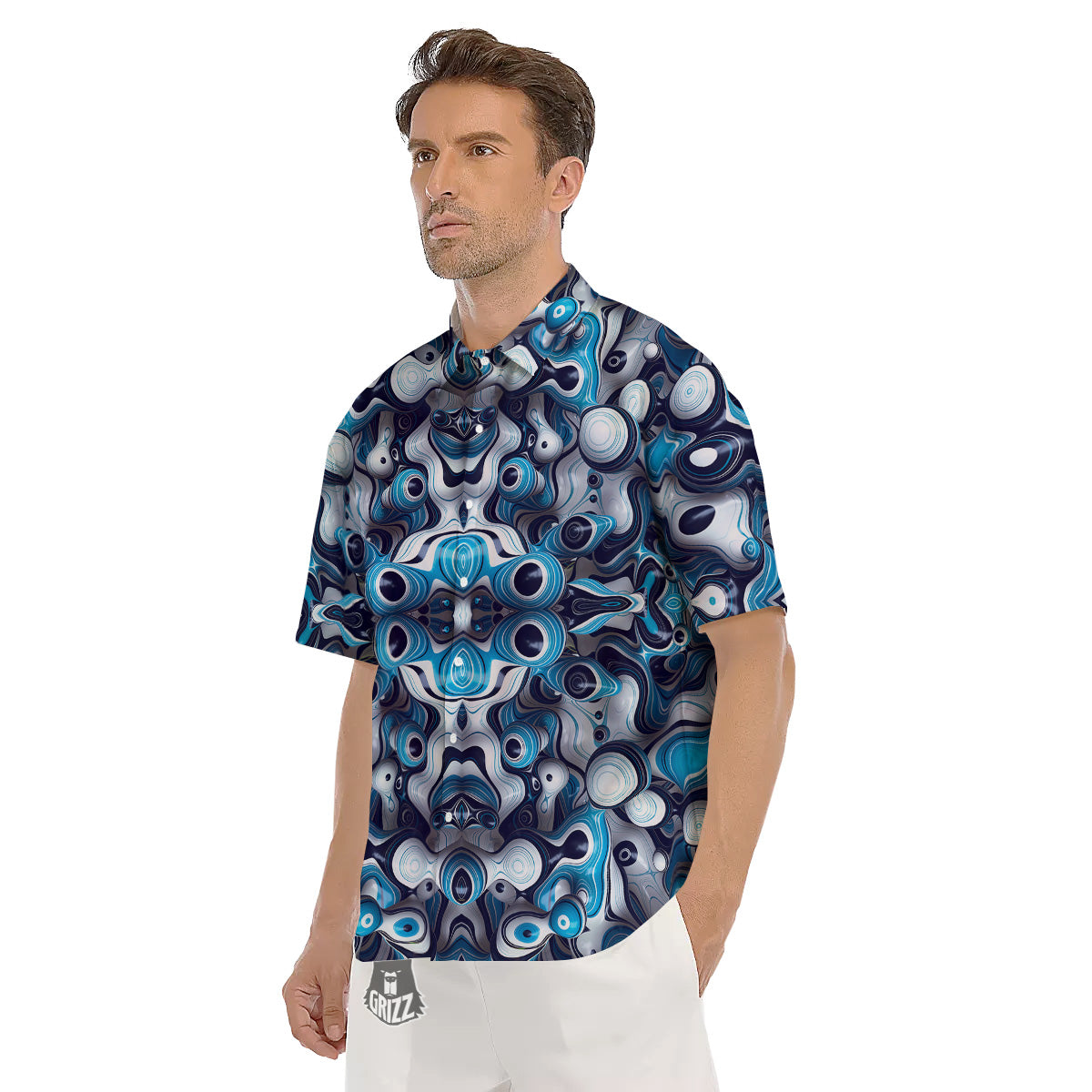 Abstract Wavy Bubbles Blue White Print Pattern Men's Short Sleeve Shirts-grizzshop