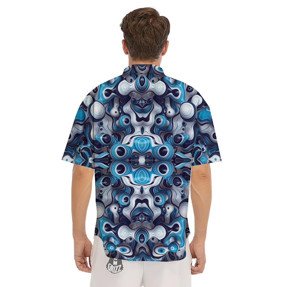Abstract Wavy Bubbles Blue White Print Pattern Men's Short Sleeve Shirts-grizzshop